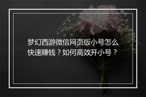 梦幻西游微信网页版小号怎么快速赚钱?如何高效开小号?