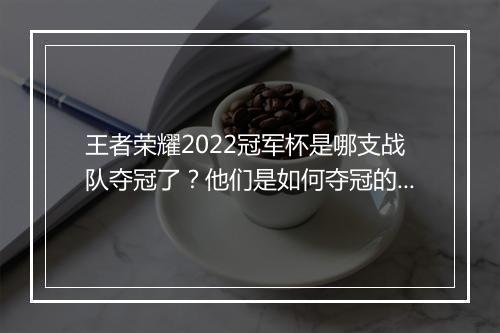 王者荣耀2022冠军杯是哪支战队夺冠了?他们是如何夺冠的?
