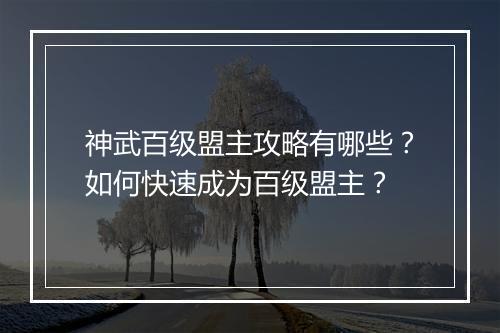 神武百级盟主攻略有哪些?如何快速成为百级盟主?