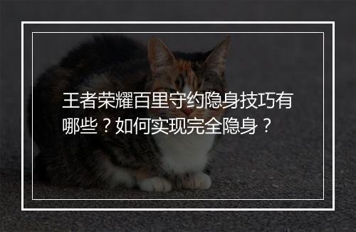 王者荣耀百里守约隐身技巧有哪些？如何实现完全隐身？